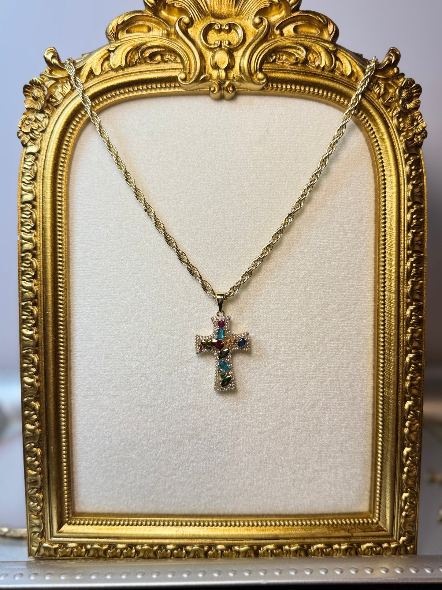Cross Pendant with Multicolor Gemstones & CZ Accents