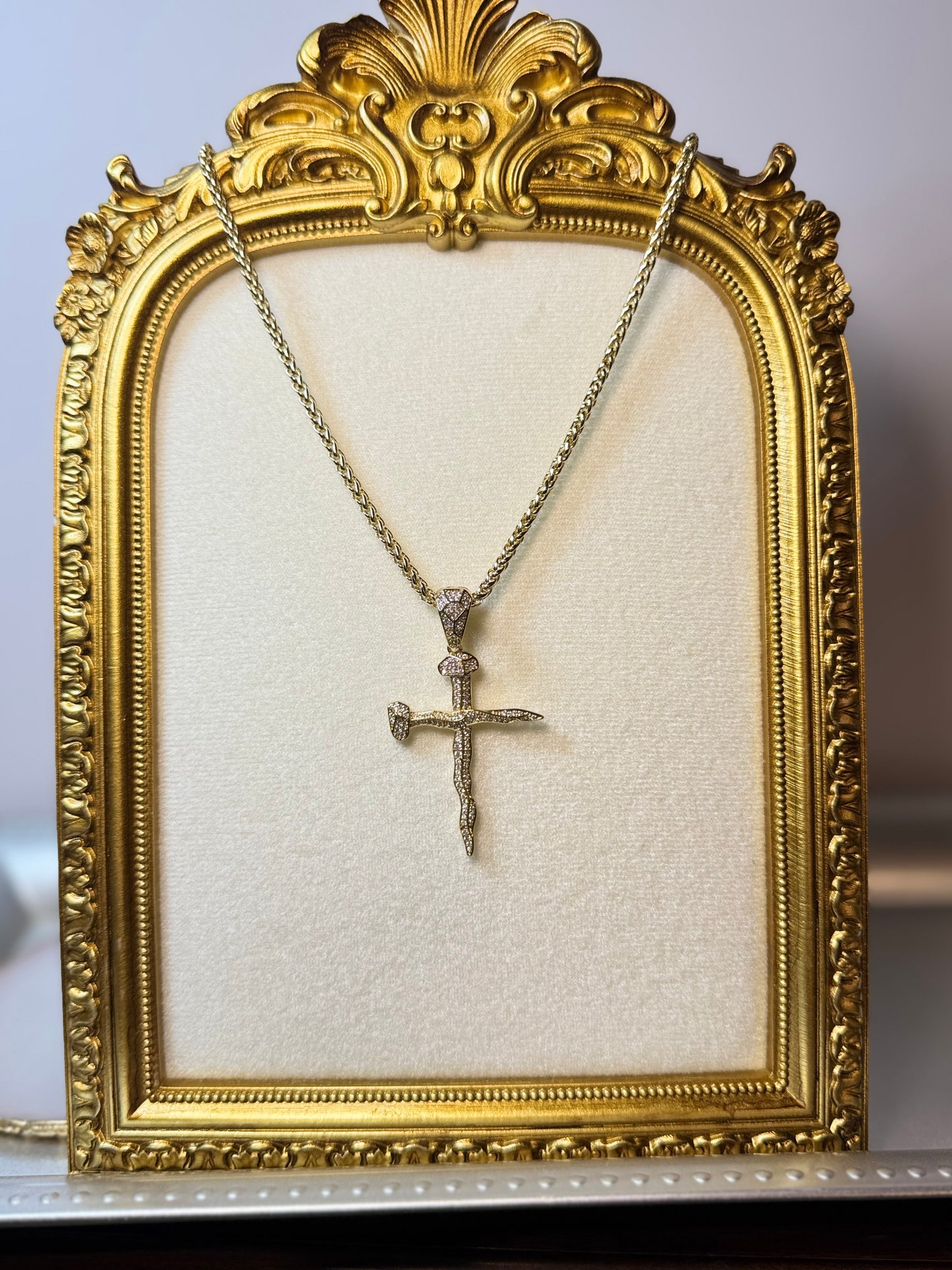 Gold Nail Cross Pendant with CZ Stones with Necklace