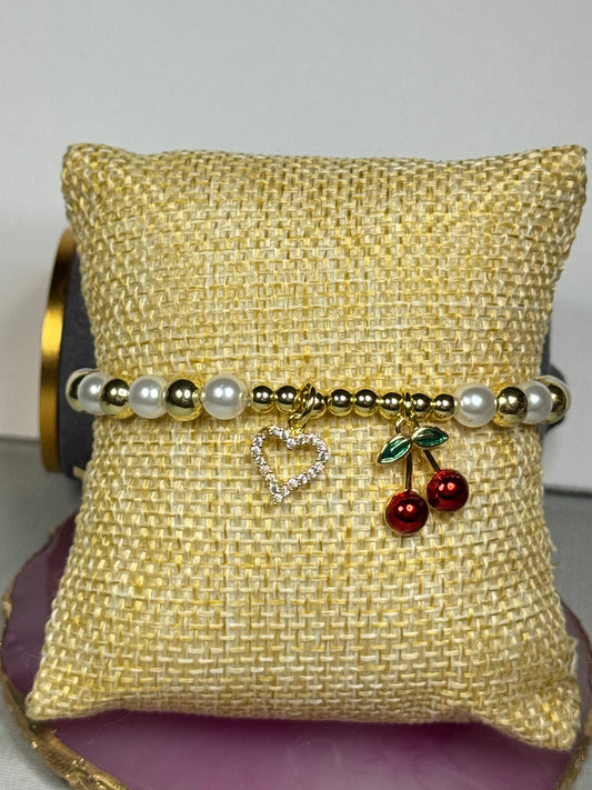 Charming Beaded Bracelet with Cherry and Heart Charms