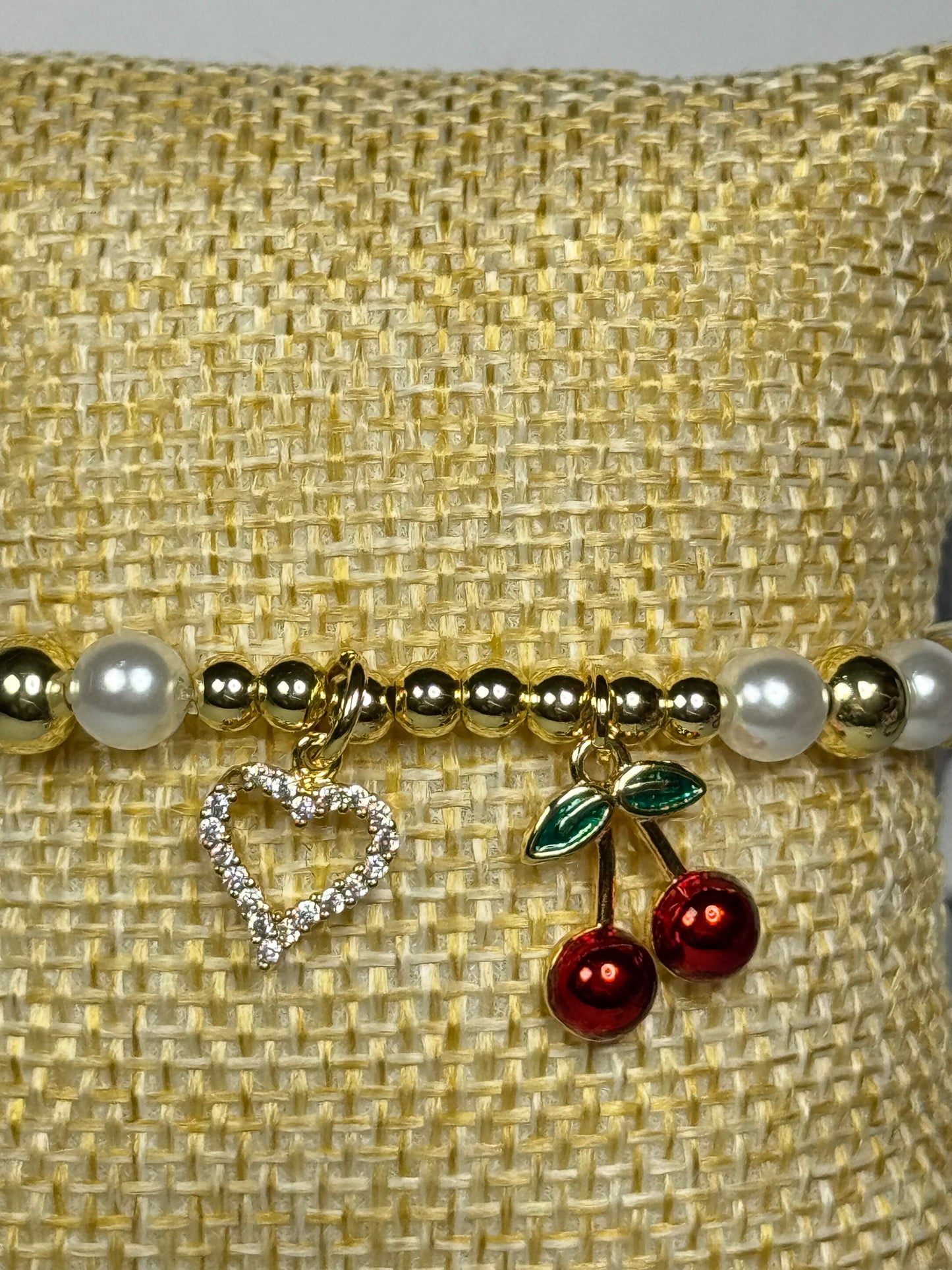 Charming Beaded Bracelet with Cherry and Heart Charms