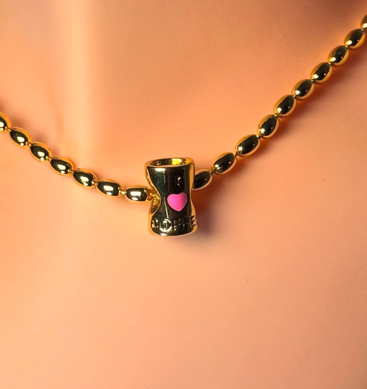 14K Gold Filled Beaded Necklace with Coffee Mug Pendant