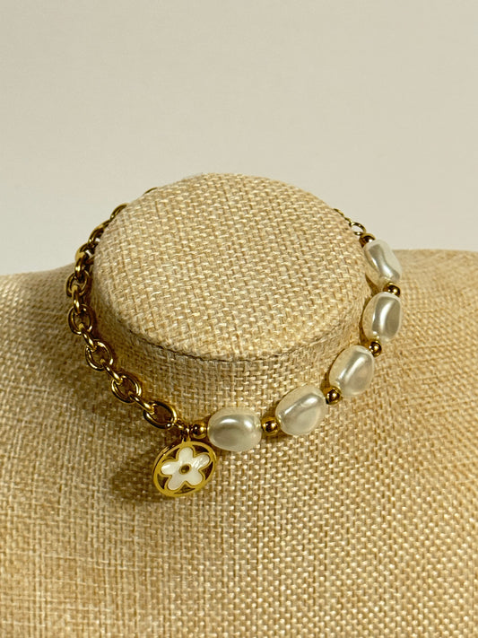 Stainless steel & Pearl Beads Bracelet with Mother-of-Pearl Flower Charm
