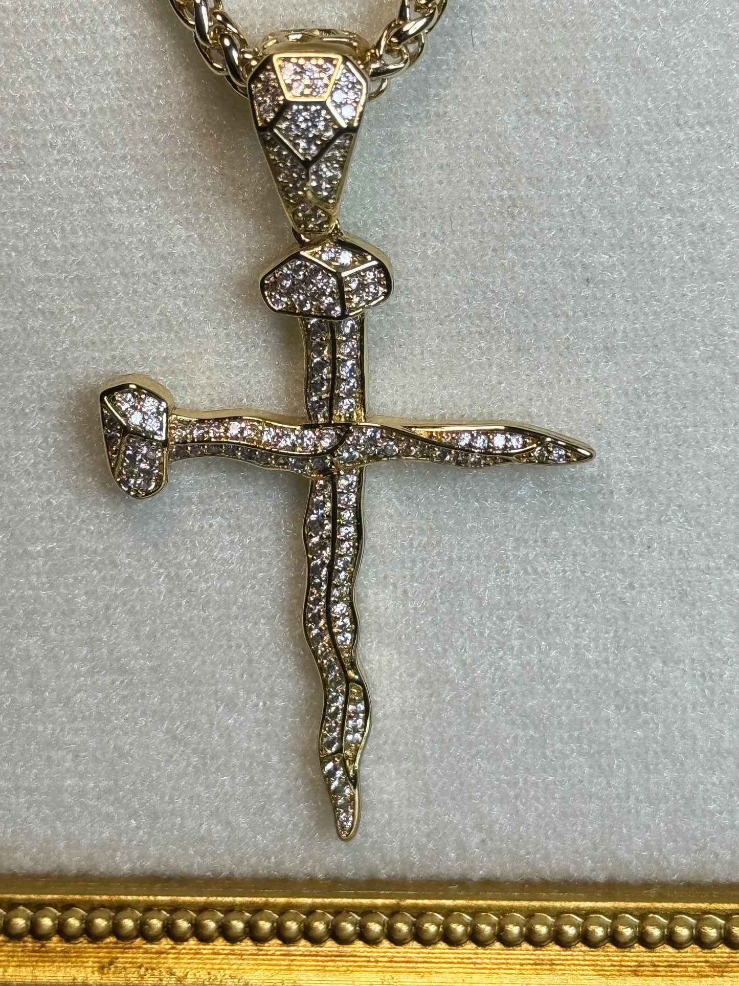 Gold Nail Cross Pendant with CZ Stones with Necklace