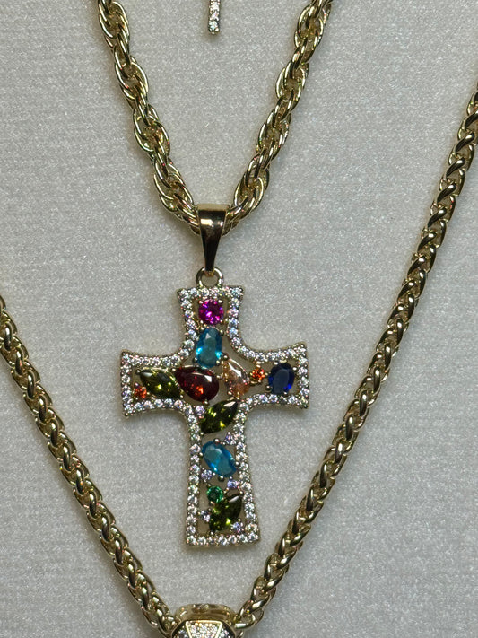 Cross Pendant with Multicolor Gemstones & CZ Accents
