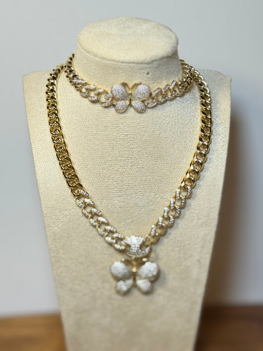 Butterfly Cuban Link Necklace and Bracelet Set